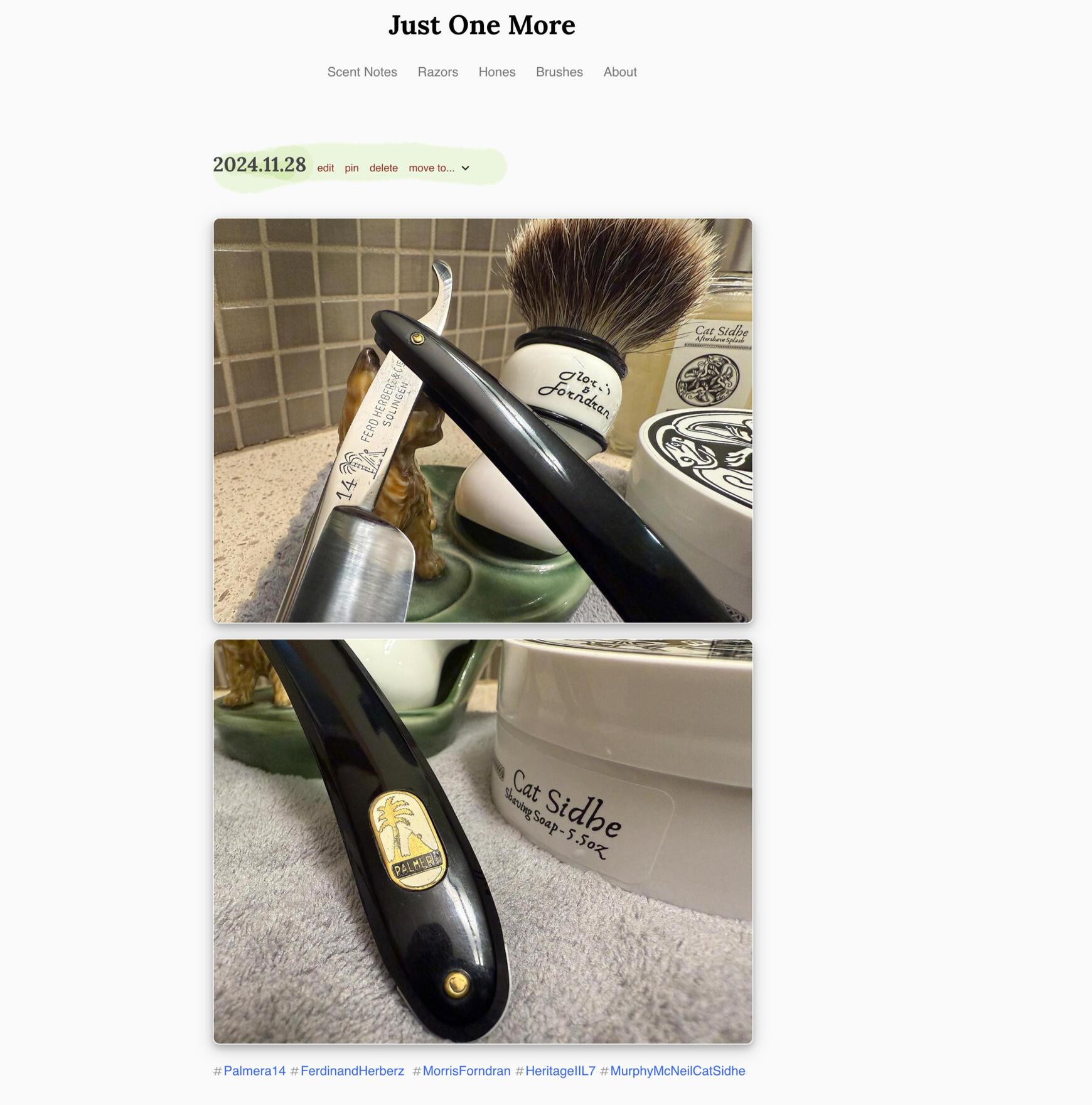 Screenshot of a shaving journal blog. The page has two large photos vertically arranged showing closeup views of parts of straight razor and a white shaving brush.